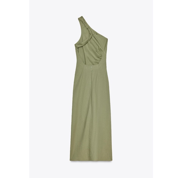 ZARA Assymetric Midi Dress with Linen L/XL Khaki- runs small - Picture 6 of 12